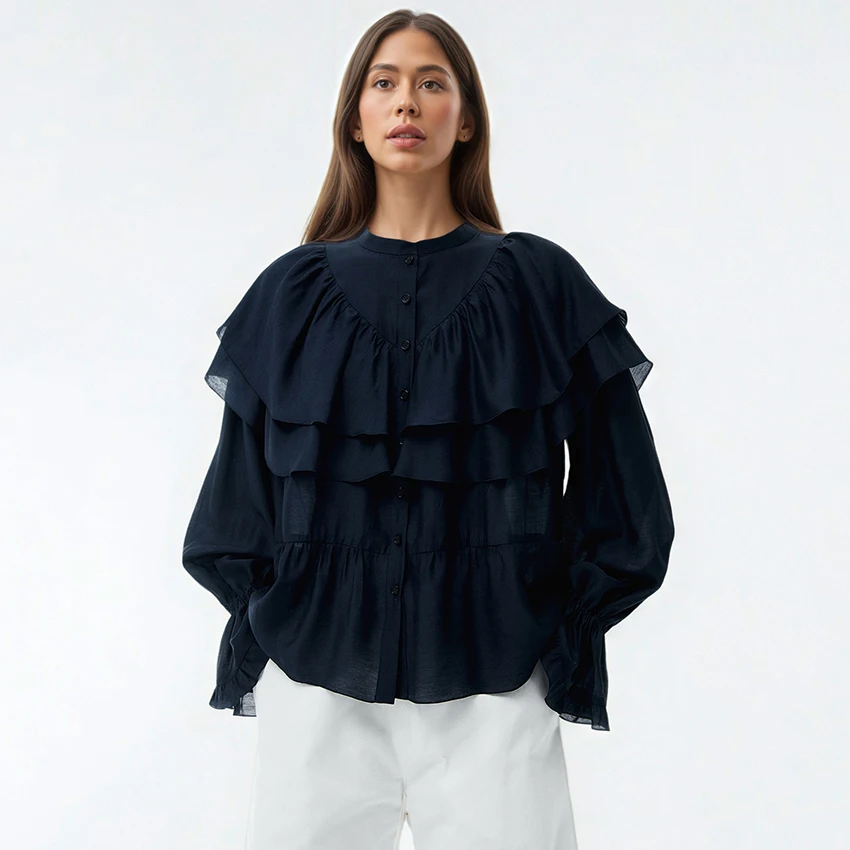 Linad Jesienna Vintage Bluzka z Falbankami Biała Koszula Street Chic Rozkloszowane Rękawy Zapinana na Guziki Elegancka Bluzka Damska z Stójką 2025