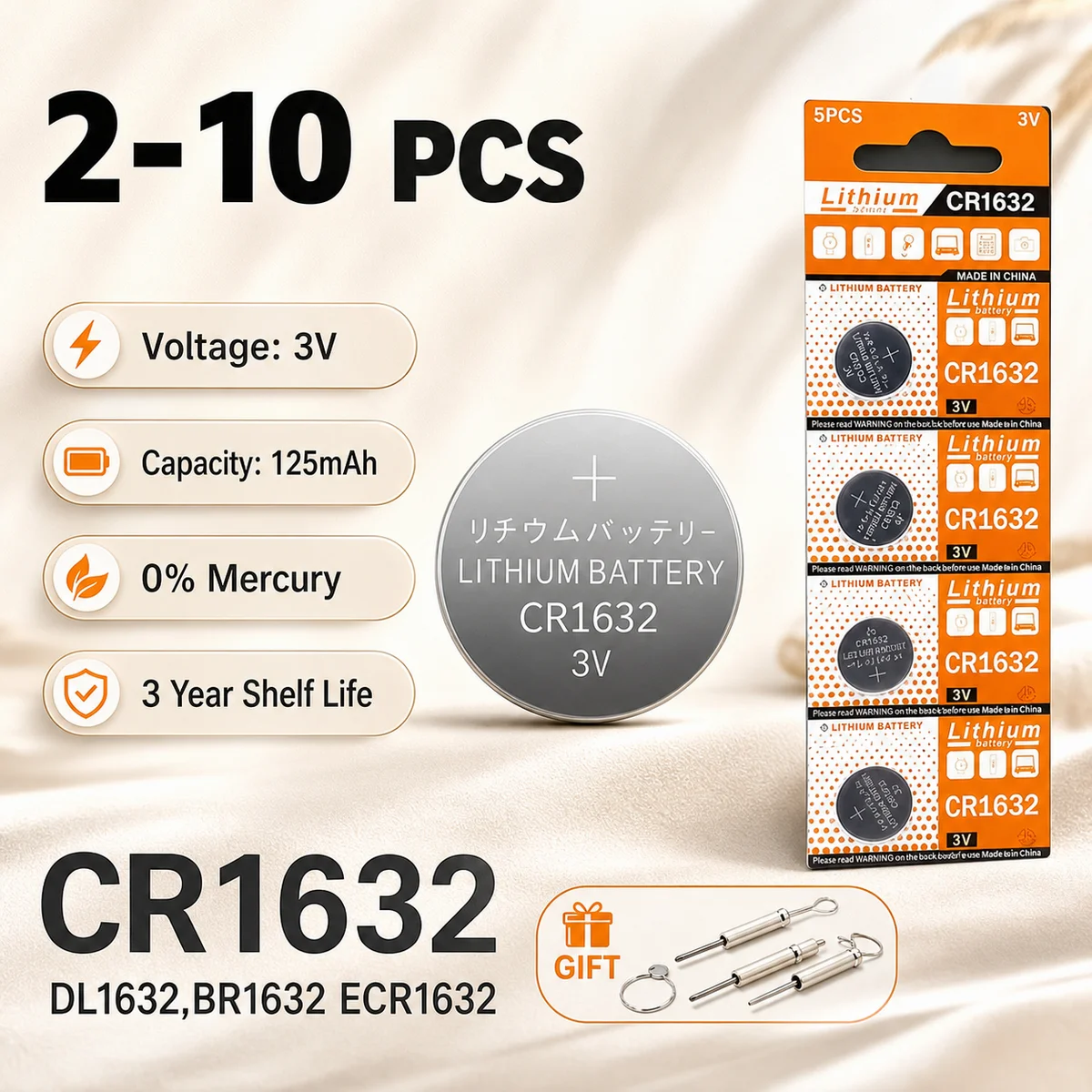 Lithium Coin Cell Battery CR1632 3V 2-10PCS Button Cell, DL1632 BR1632 ECR1632 KCR1632 For Car Remote Control Watch Device