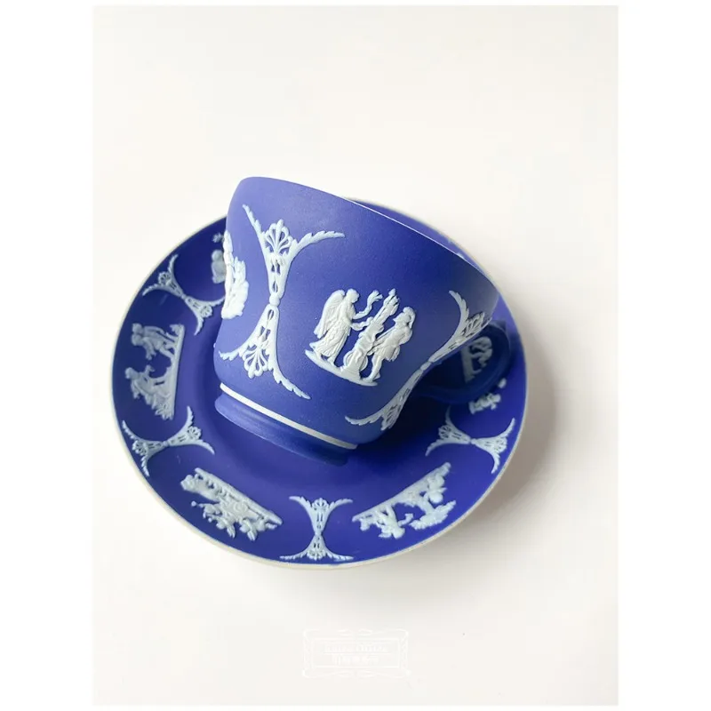 Rare British embossed dark blue ceramic afternoon tea antique cups and saucers
