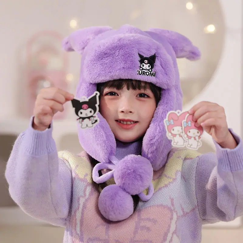 Anime Kawaii Sanrios Cinnamoroll My Melody Kuromi Pochacco Cute Cartoon Kids Ear Protection Hats Winter Plush Girl Warm Hat Gift