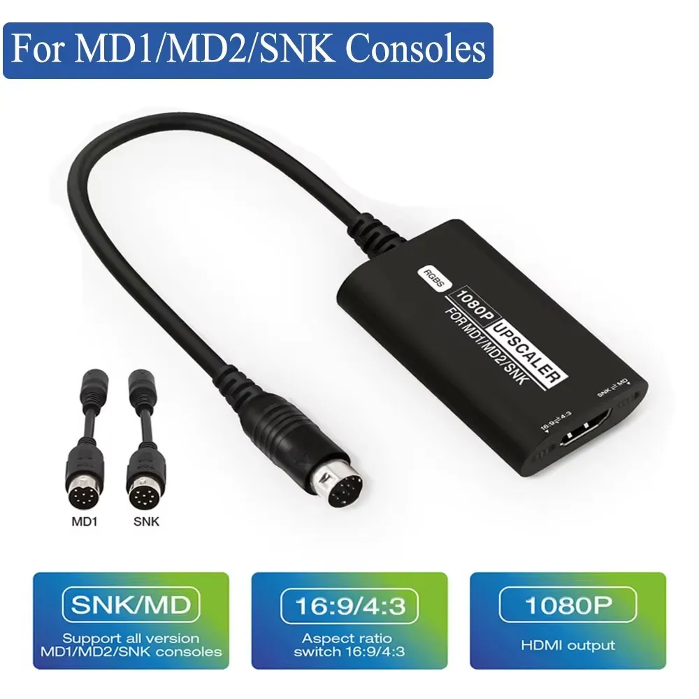 Конвертер Upscaler RGBS для игровой консоли SEGA MD1 MD2 SNK, адаптер Upscaler 1080P HDMI, конвертер с переключателем соотношения 16:9 4:3