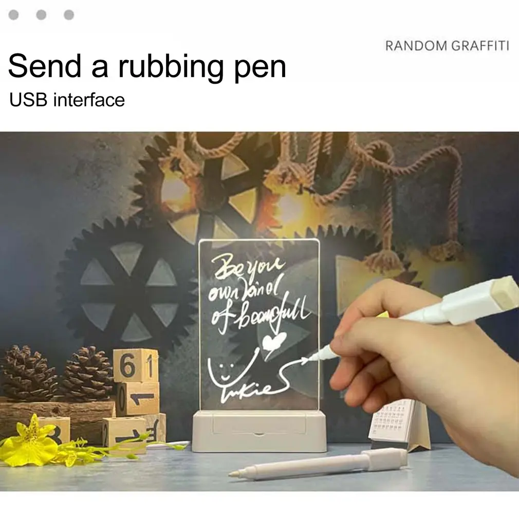Creative Acrylic Note Board USB Led Night Light with Base and Pen Calendar Message Board Home Decor Eye-protective Lamp for Kids