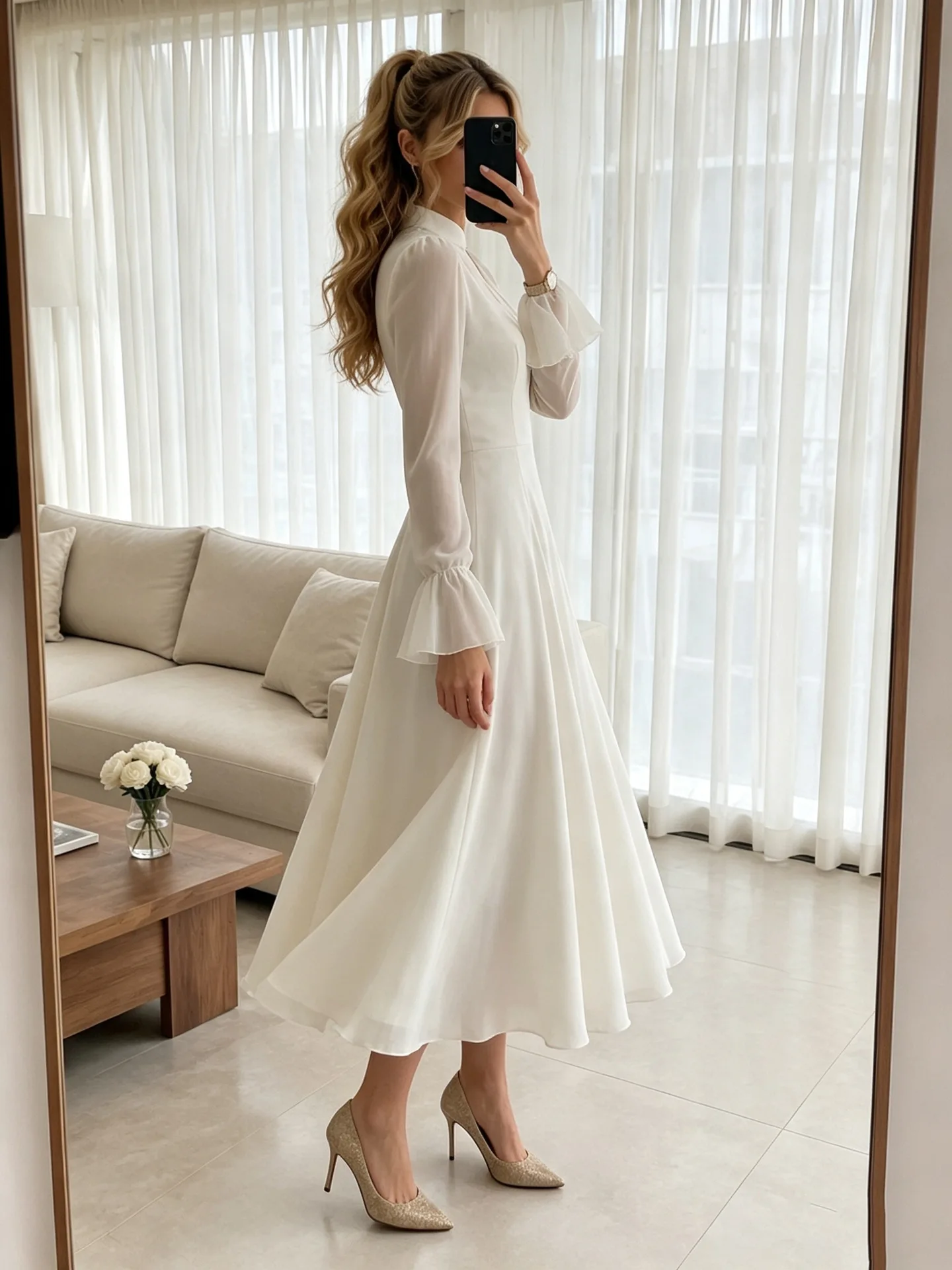 Elegant, Fixed White Long-sleeved Dress, French-style Midi Gown, New Spring/autumn Collection Boho Bandage Outfits