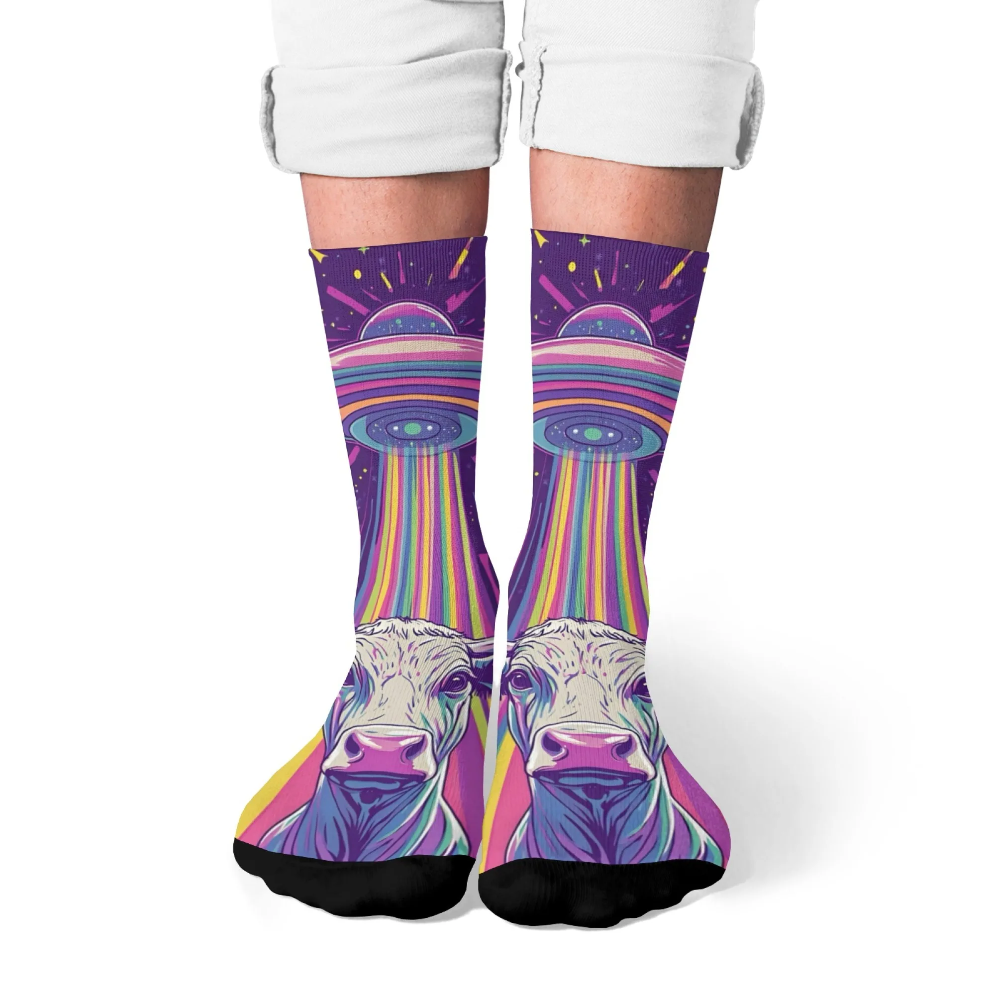 Fashion Funny Novelty Men's Crew Socks UFO Cow Print Pattern  Perfect Gift for Boyfriend or Husband Unique Trippy Style Socks
