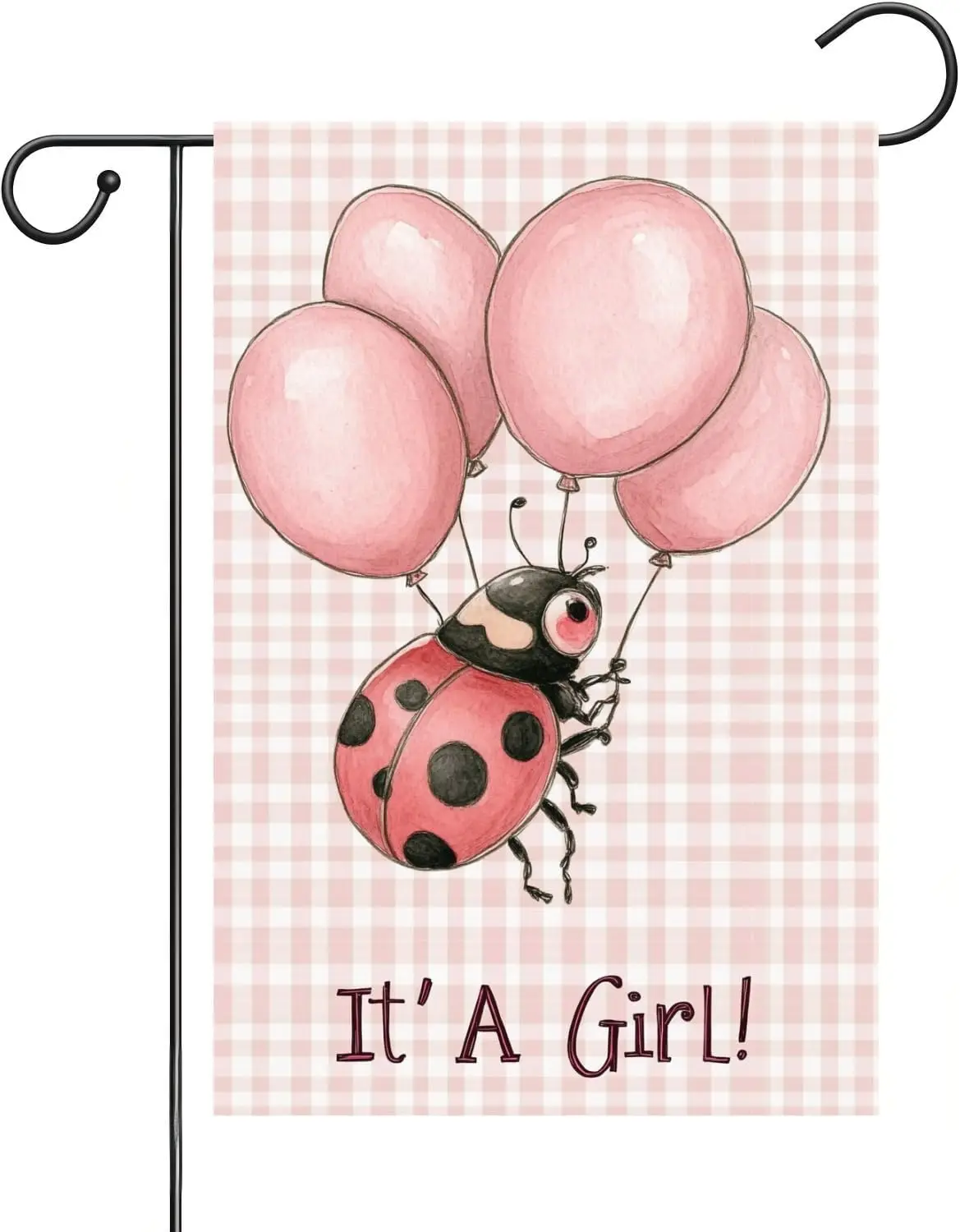 It's A Girl Garden Flag - 12x18 Inch Double Sided Ladybug Balloons Baby Girl Birthday Banner Outdoor Yard Decoration MMZ