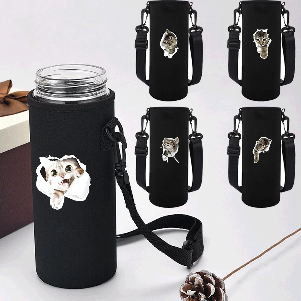 Water Bottle Sleeve Adjustable Strap, Portable Insulated Water Cup Sleeve for 550-1500ML Cat Print Sports Bottles Case