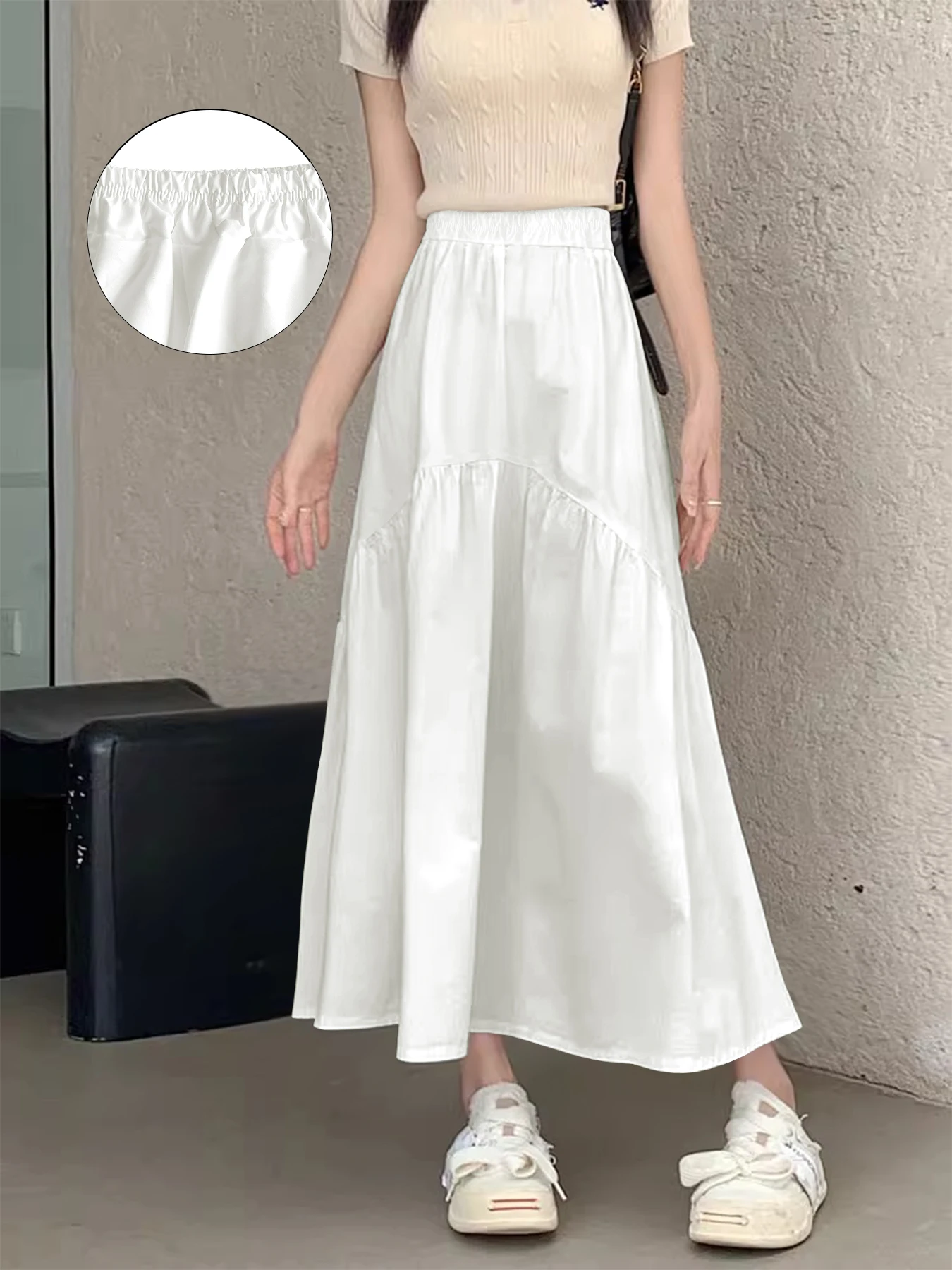 Woman's Elastic High Waist Skirt A-Line Tiered Pleated Long Skirt
