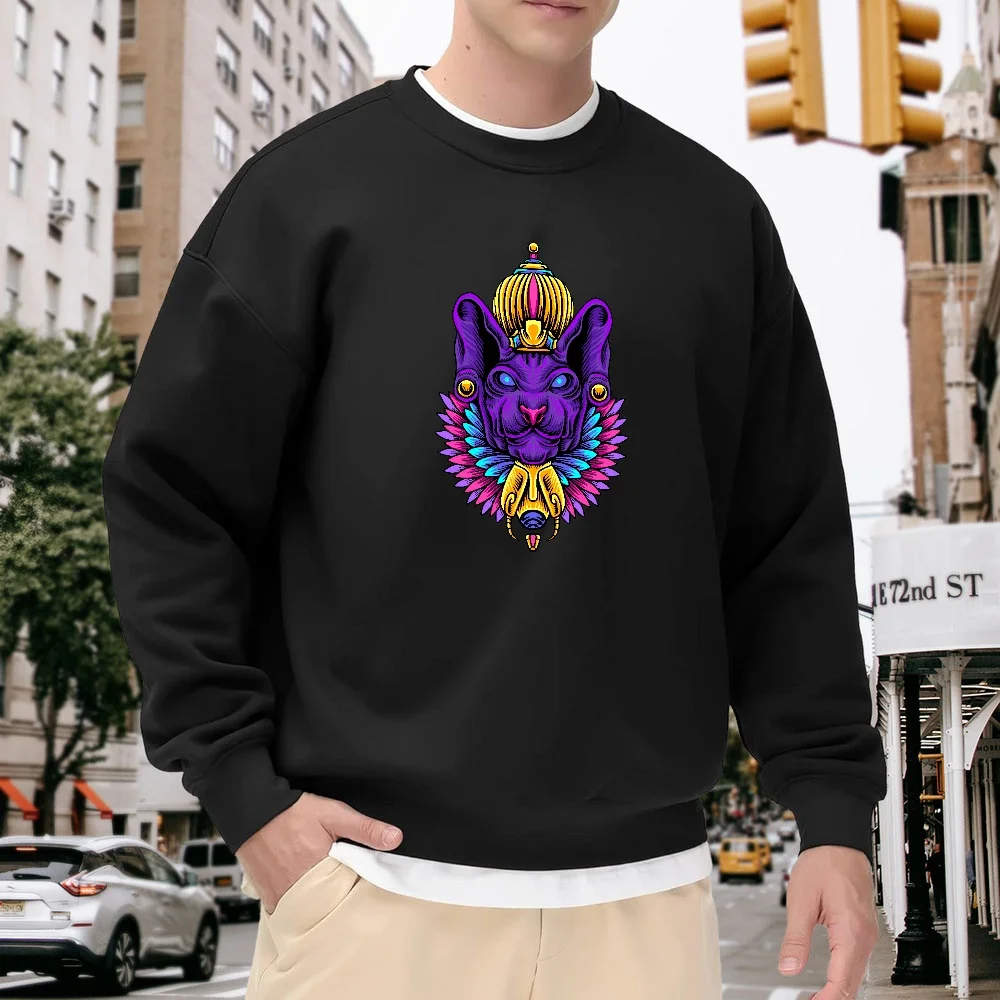 

Men's Black Loose-Fitting Crewneck Sweatshirt, Egyptian Style Colorful Print Top, Street Fashion Casual Pullover, Comfortable and Versatile for Everyday Wear