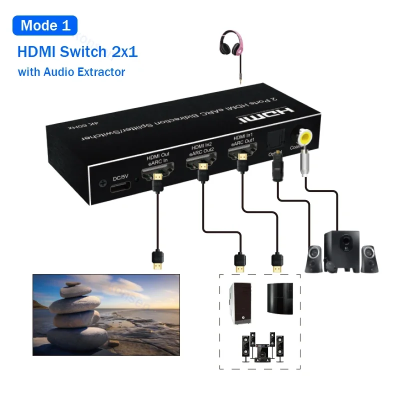 2/4 Port Bi-direction HDMI eARC Audio Extractor 4K 60Hz HDMI Toslink SPDIF COAXIAL 5.1CH HDMI Audio Switch & Splitter Converter