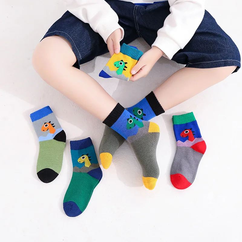 New 5 Pairs Children\'s Socks Spring Autumn Cotton Cartoon Dinosaur Boy Socks 3-15 Year Girl Socks