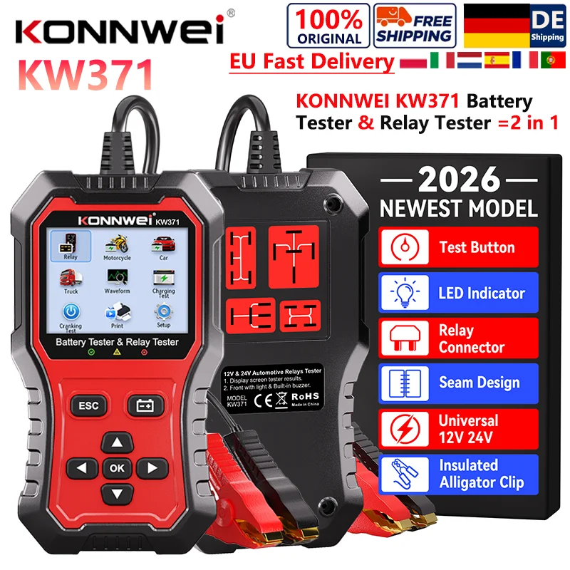 2026 KONNWEI KW371 Autobatterietester & Relais-Tester 2-in-1 4-Pin 5-Pin Relais 6V/12V/24V Fehlerdatendruck Starttest Lade-Scan-Tool Kostenloser Versand
