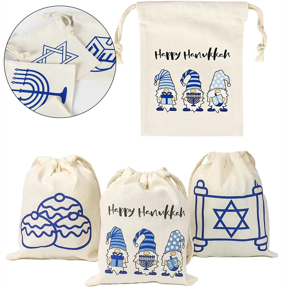 6Pcs Crazy Night Happy Hanukkah Drawstring Gift Bags for Menorah Theme Party Favor Chanukah Supplies Jewish Holiday Accessories