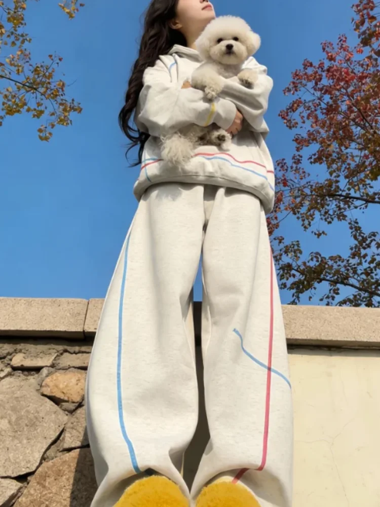 Ensemble de vêtements de sport à capuche imprimé fil irrégulier coloré, manches longues, ample, deux pièces, pour hommes et femmes, décontracté, automne hiver