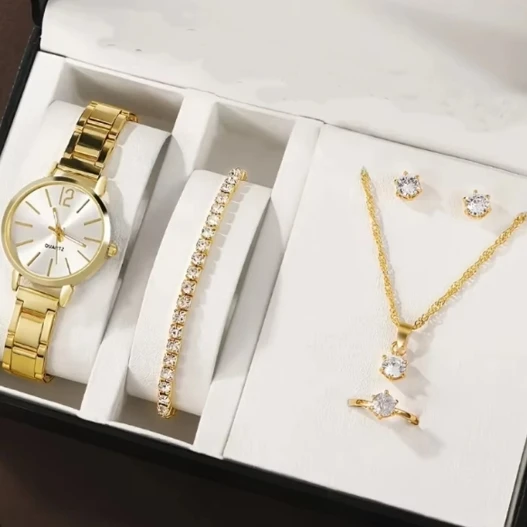 

6PCS Gold Quartz Watch Set with 5PCS Bracelet Necklace Earrings Small Dial Accessories Ladies Gift