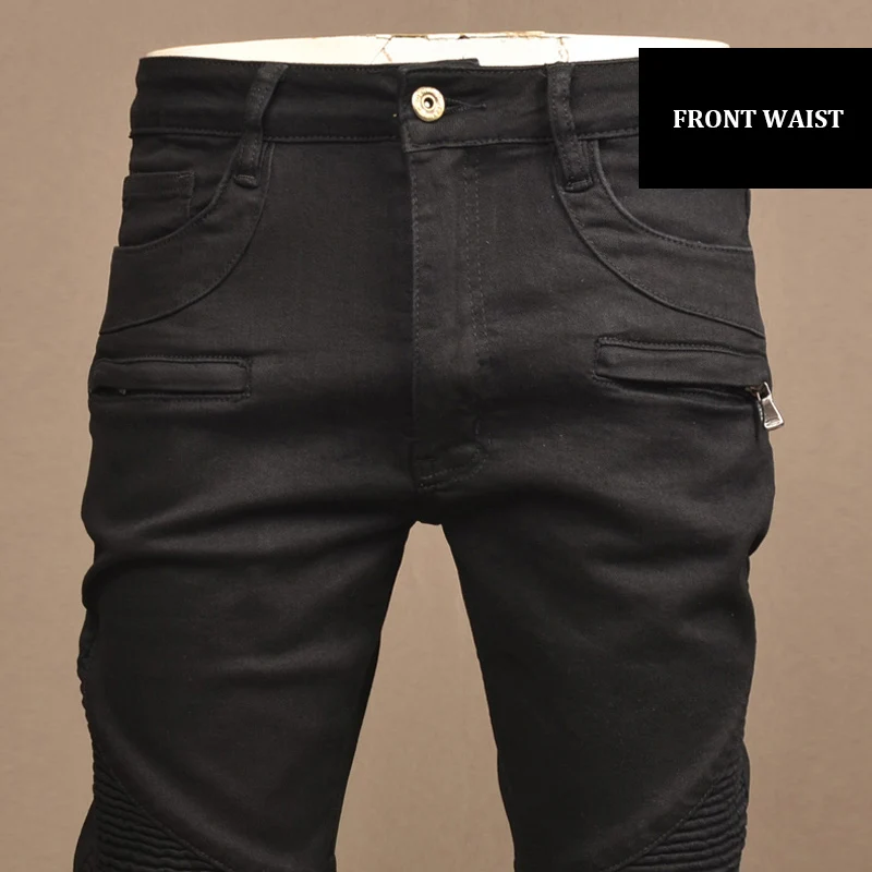 Calça lápis jeans jeans elástica hip-hop masculina, com ajuste fino e elástico, jeans de motoqueiro emendado, preta, moda rua