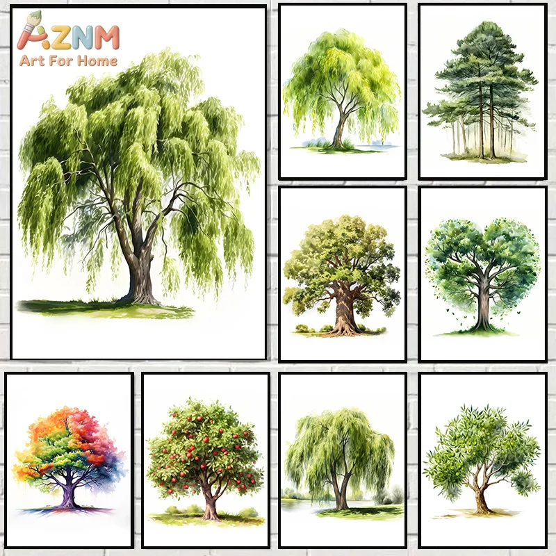 AZNM Watercolor Willow Pine Fruit Tree Canvas Poster, Frameless Fresh Botanical Wall Art for Living Room Bedroom Interior Wall D