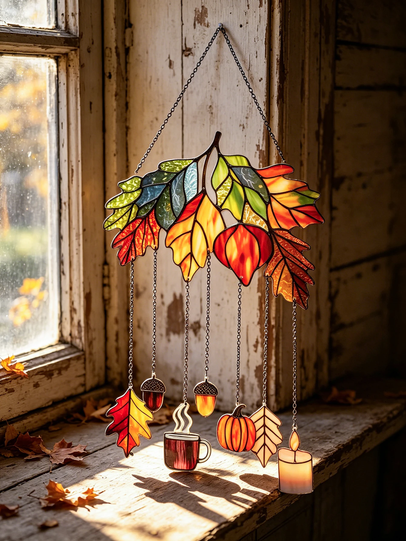Fall Acrylic Suncatcher Window Hanging Maple Leaf Pumpkin Acorn Coffee Candle Wind Chime Thanksgiving Home Wall & Window Decor