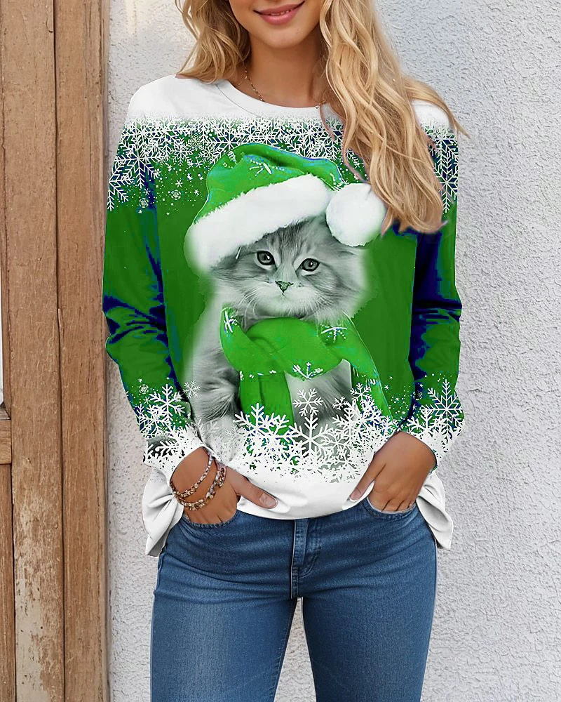 Cat Funny Pattern Women Christmas T-Shirts Long Sleeve Christmas Snowflakes 3D Printed Street Ladies S-3XL Plus Size Casual Tops