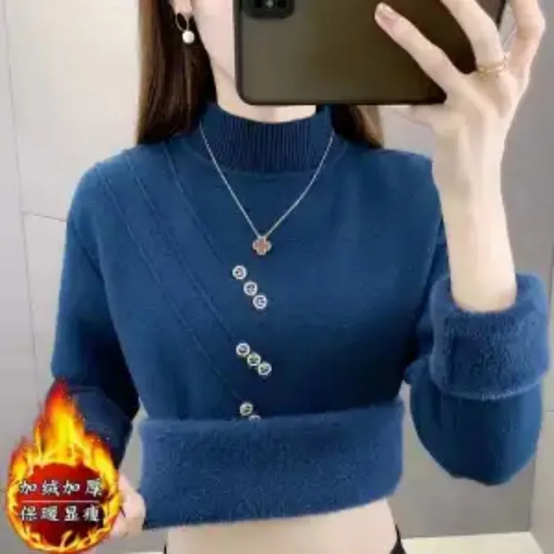 Suéter todo en uno de terciopelo grueso para mujer, nueva camisa de bajo de punto para otoño e invierno, Top de medio cuello alto