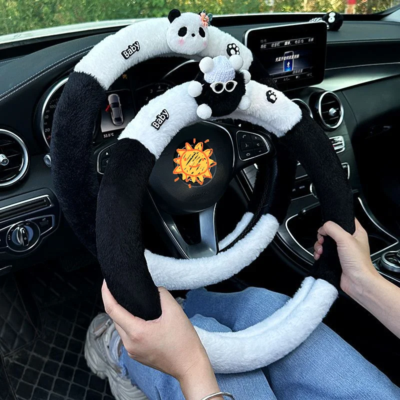 New Winter Plush Car Steering Wheel Cover Cute Cartoon Panda Small Briquettes Warm Comfortable Car Accessories Interior Woman