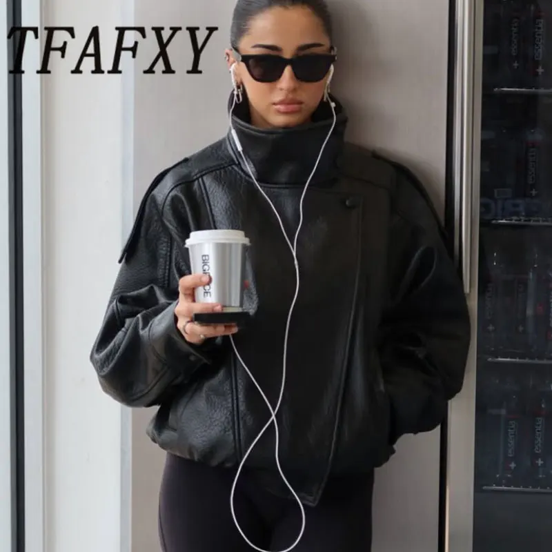 

TFAFXY 2026 Весенне-осенние шикарные женские куртки из искусственной кожи с длинными рукавами, на пуговицах, эластичные, оверсайз, модная уличная одежда
