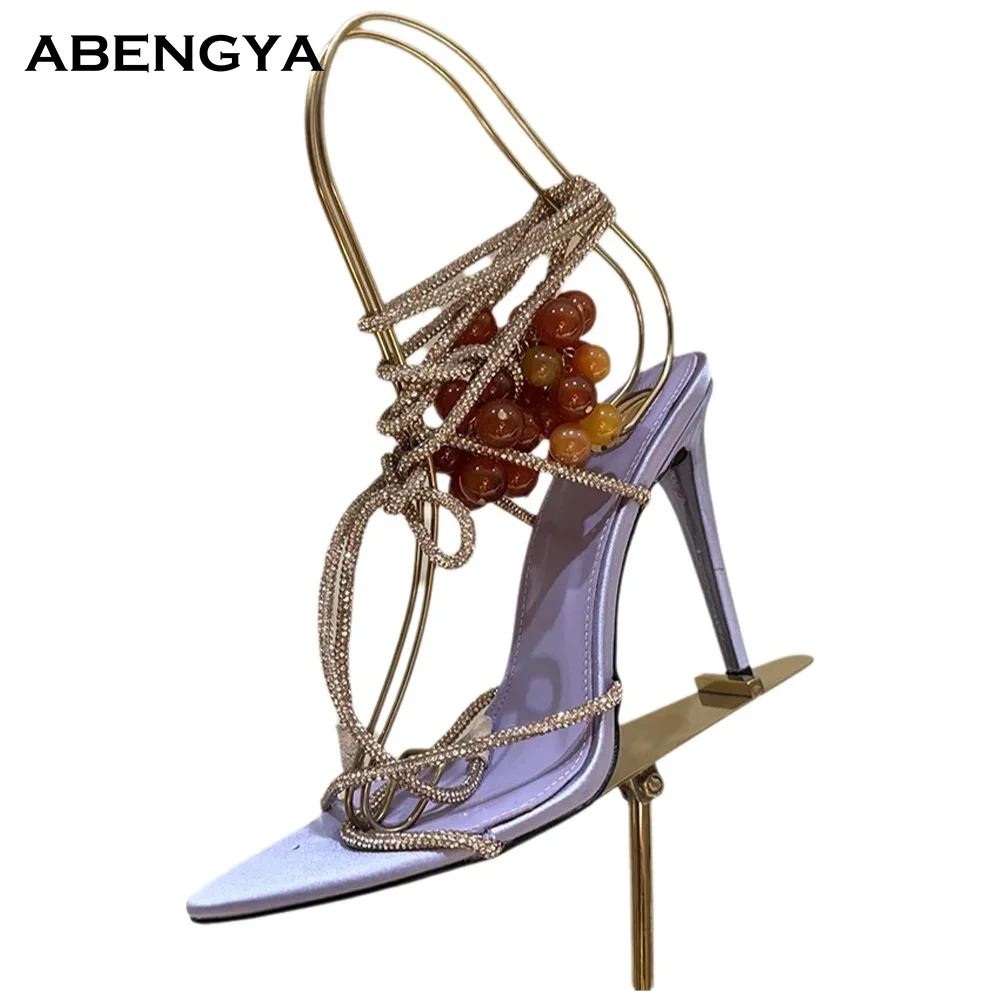 Summer Sexy Leather Gladiator Sandals Women Pointy Toe Crystal High Heel Dress Shoes Designer Fashion Party Wedding Shoes Women