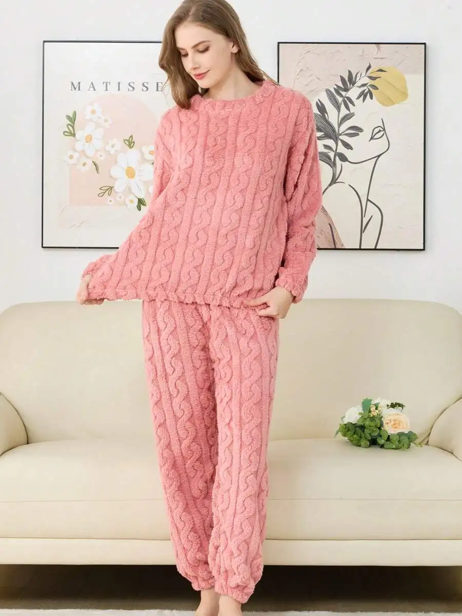 

Womens Thick Cable Knit Pajama Set Autumn Winter Warm Sleepwear