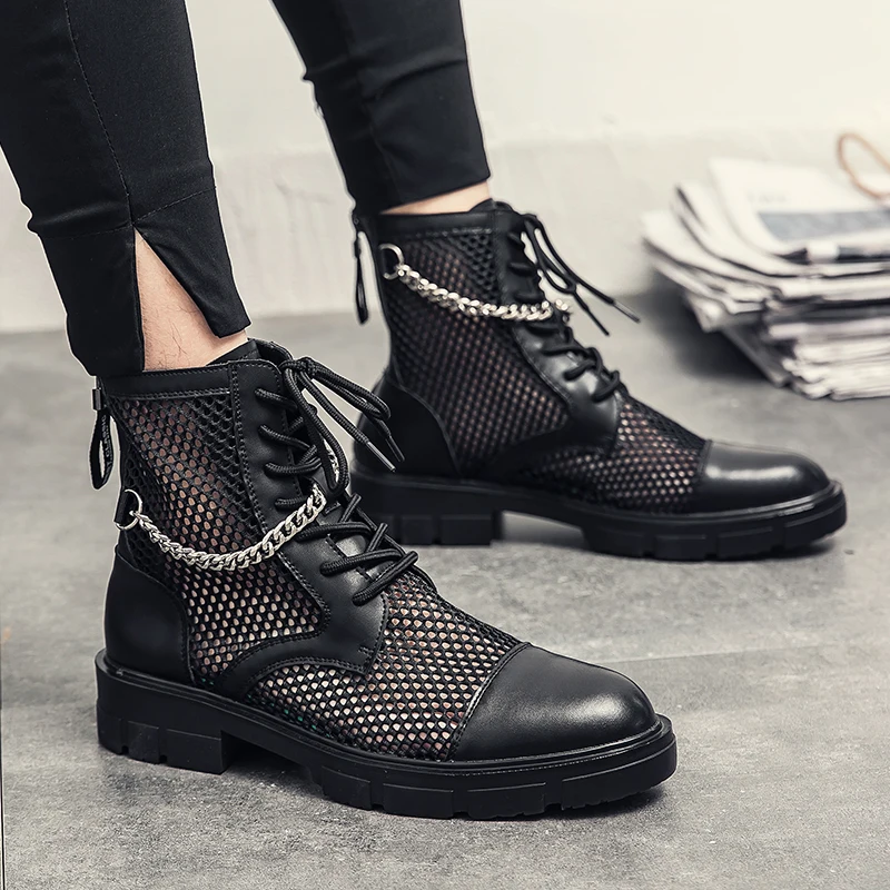 New Fashion Korean Edition Chelsea Boots Men Boots Pointed Black Mesh Face Breathable Lace up Business Dress Boots Size 38-46