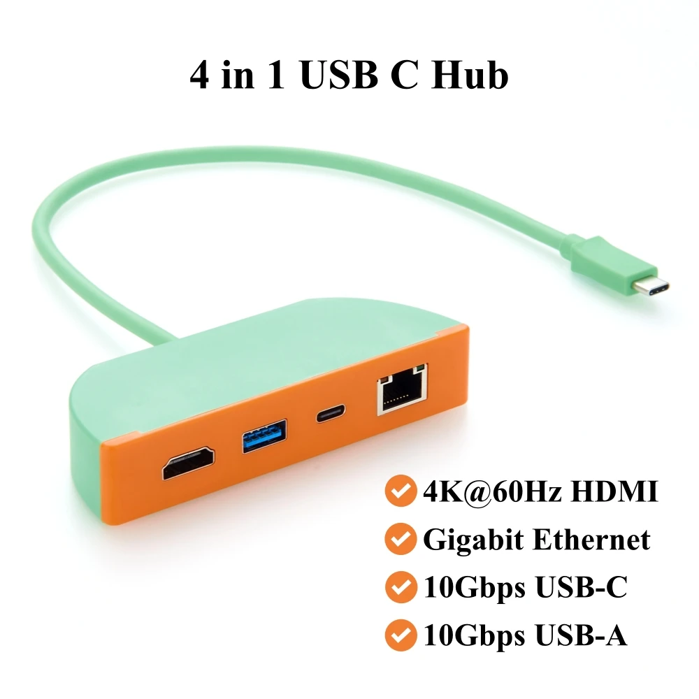 USB C Hub, 4-in-1 Multiport Adapter with 4K@60Hz HDMI, 10Gbps USB-C & USB-A, Gigabit Ethernet for Windows Laptop, macOS, Linux