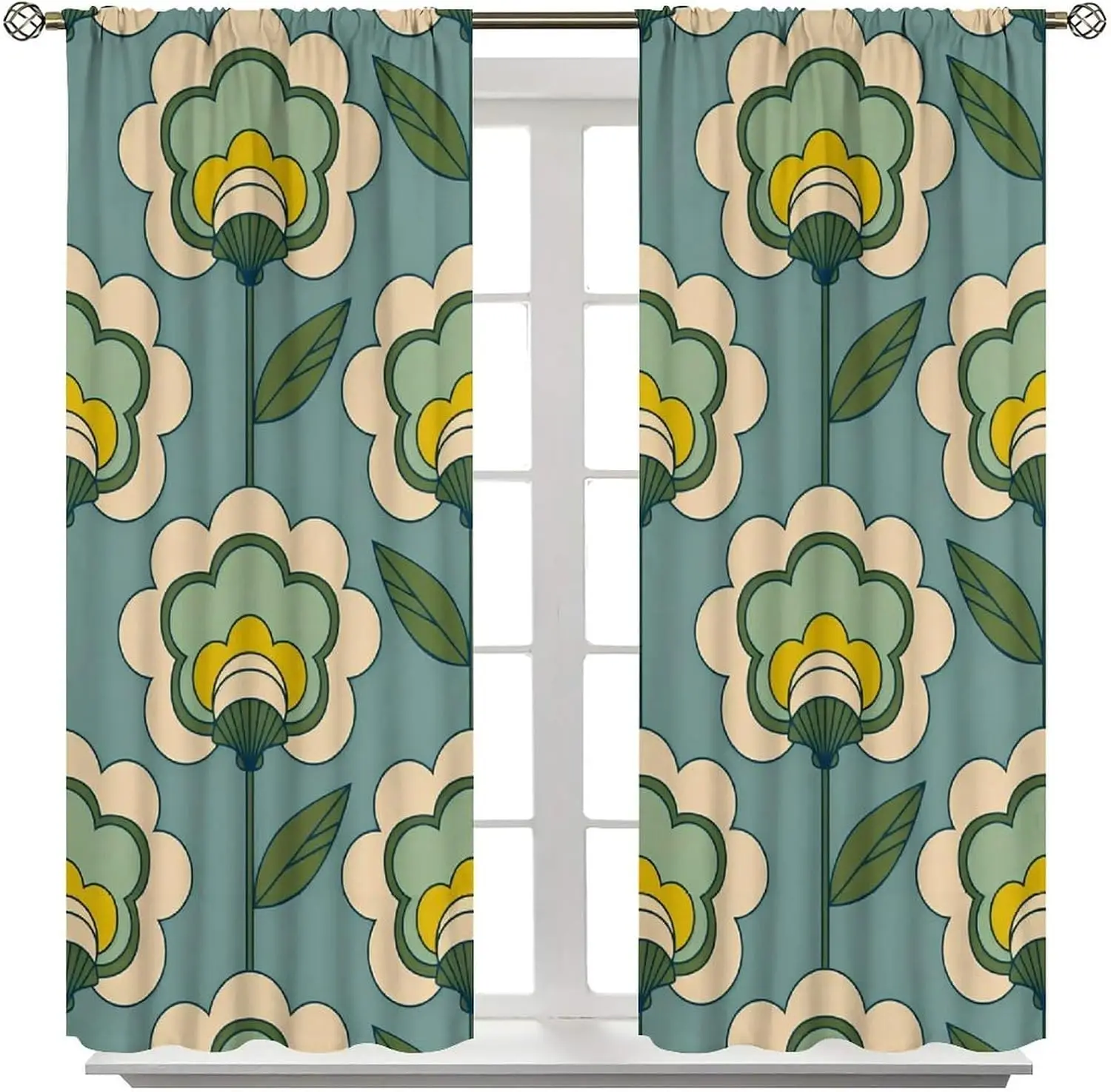 Elegant Floral Pattern Curtains Boho Window Drapes Teal Blue Living Room Bedroom Decor Cottage Style Curtain 2pcs