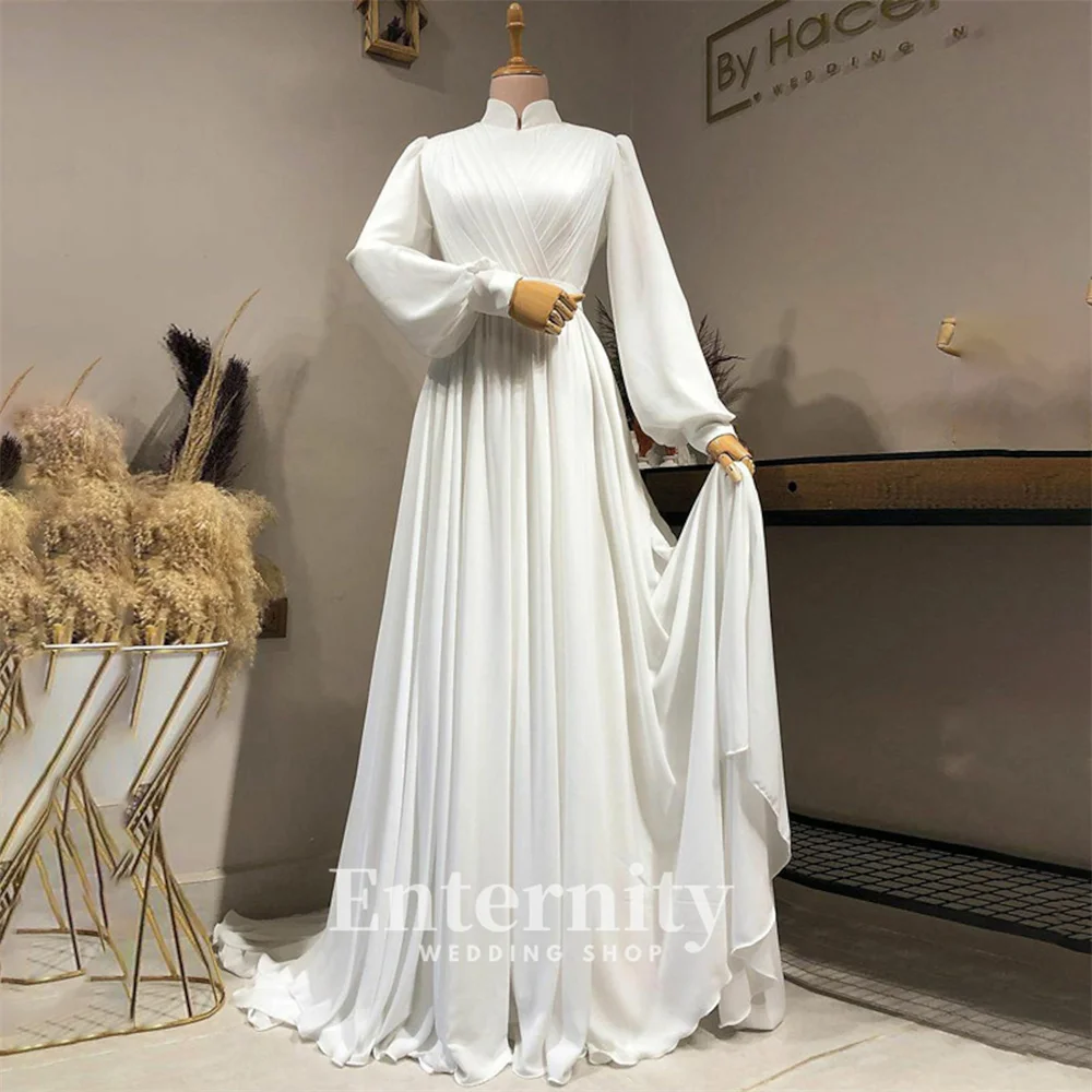 

Vintage A-Line Bride Dresses High Neck Court Train Simple Wedding Dress With Pleats Wedding Dresses for Woman Vestidos Dresses