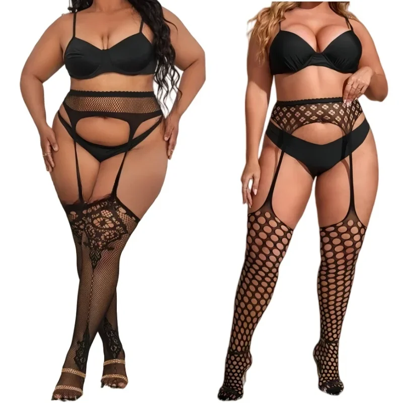 FREEAUCE Women Fishnets Pantyhose Thighs Plus Size Knee Thigh High Lace Sheer Sexy Black Stockings Lingerie Panty Socks 5XXXXL