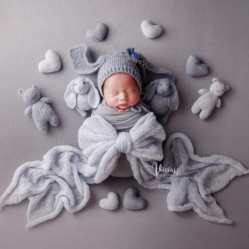 

Newborn Photography Props Blue Floral Theme Set Backdrop Knitted Wrap Hat Headband Bunny Doll Accessories for Studio Photoshoot