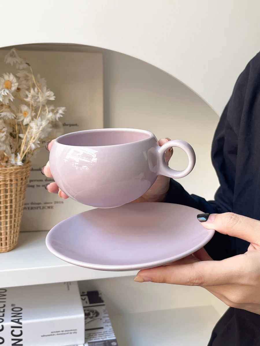 270ml Solid Color Round Ceramic Coffee Cup And Plate Set Afternoon Tea Mug Dish Home Combination Dessert Plate Purple Coffee Cup