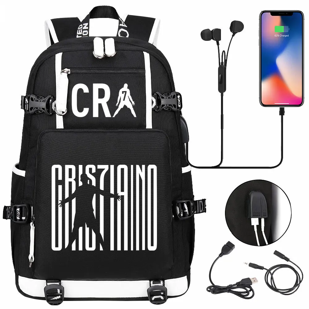 Football CR7 Backpack USB Backpack Bag Travel Laptop School Bags Black Men Student School Package Mochilas Gift