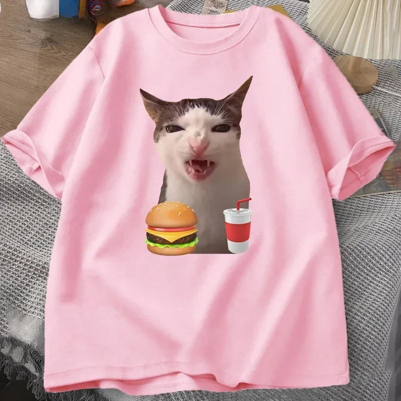 Chat croquant nourriture Meme T-shirt femmes hommes idiot t-shirts drôle chat mangeant T-Shirt à manches courtes t-shirts graphiques Streetwear