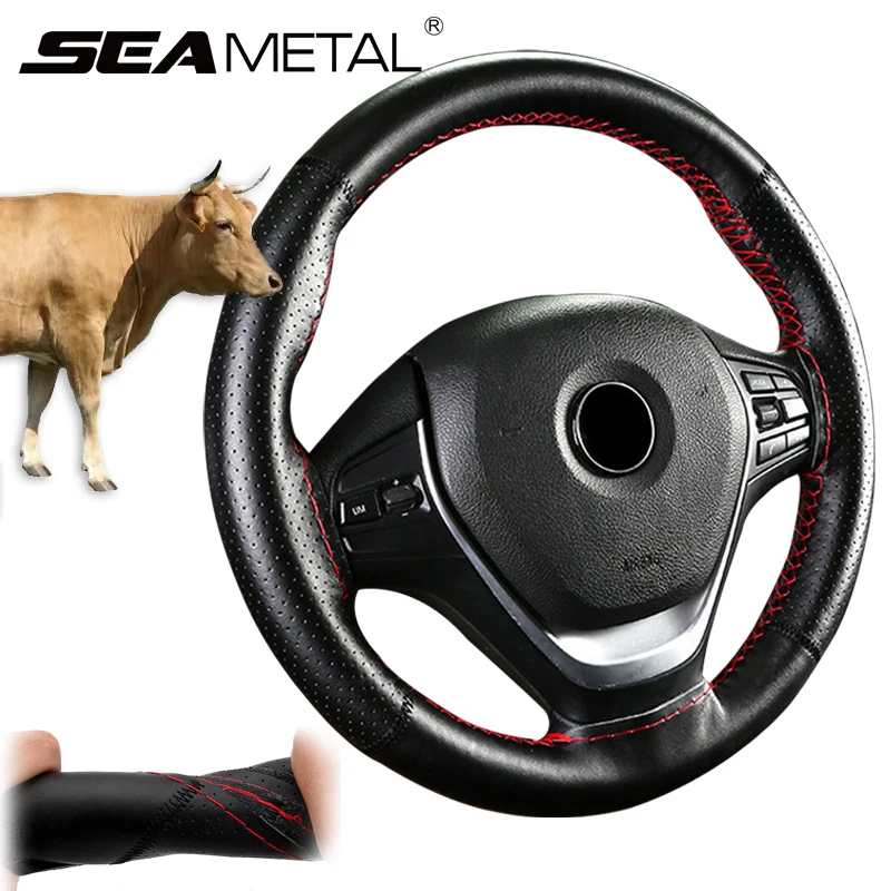 SEAMETAL Cowhide Steering Wheel Cover Soft Leather Steering Cover Wear-Resistant Anti Scratch Steer Wheel Protector for 37-39cm