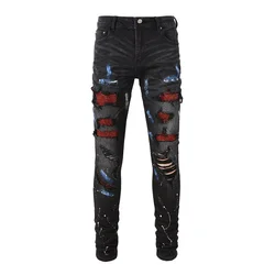 Men's Crystal Stretch Denim Skinny Jeans Painted Holes Ripped Tapered Pants Streetwear Patchwork Black Trousers