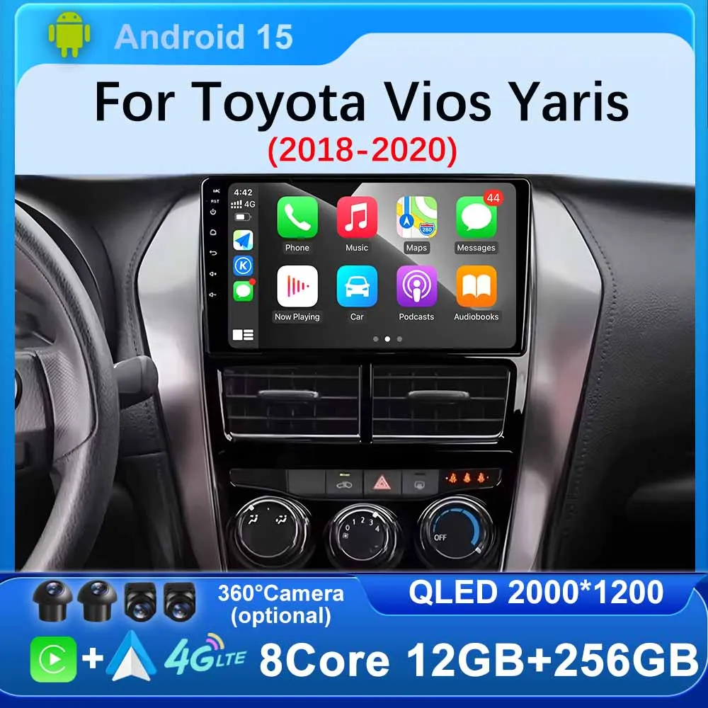 Car Radio Android 15 for Toyota Vios Yaris 2018 2019 2020 Multimedia BT Carplay 8 Core Stereo Systems Autoradio 360 Camera AUTO