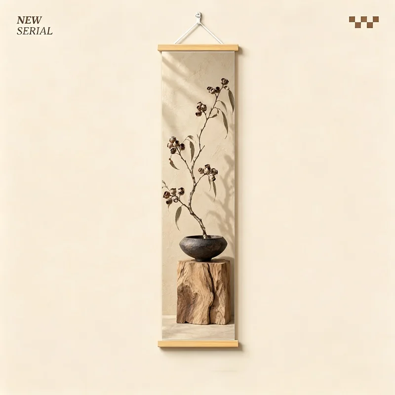 Wall Art Eucalyptus Pod and Hypericum Berry, Calm Wabi-Sabi Silver Shimmer Canvas Hanging Scroll for Peaceful Yoga Studio