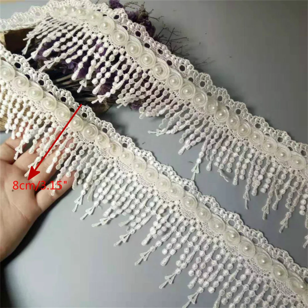 1 Yard Ivory Pearl Tassel Plum Flowers Pearl Lace  Trimmings Ribbons Beaded Lace Fabric Embroidered Sewing Wedding Dress 8cm