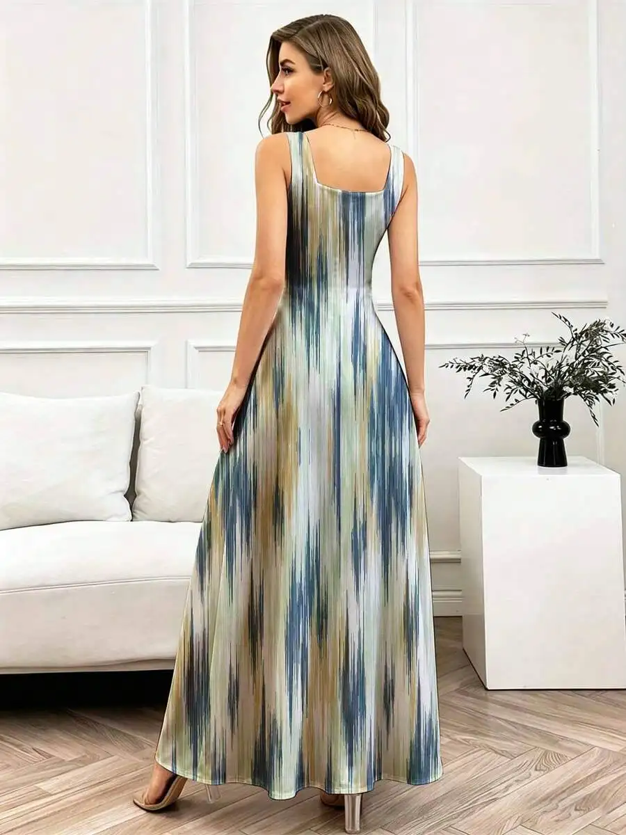 

Square Neck Sleeveless Maxi Dress Abstract Print Flowing Flare Casual Everyday Wear