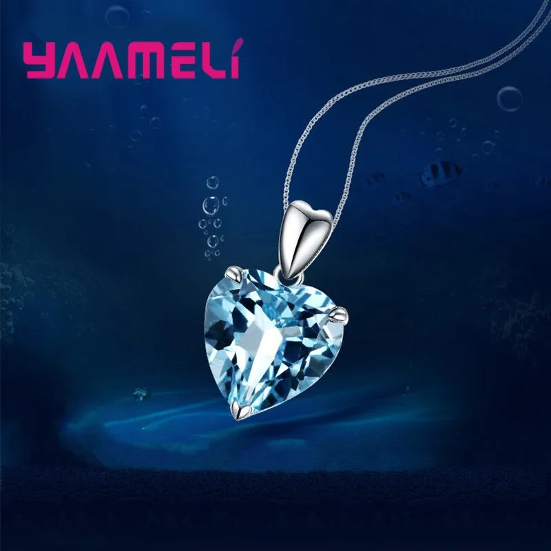 Genuine 925 Sterling Silver Navy Blue Topaz Heart Pendant Neckalces for Women Girls Wedding Party Fashion Jewelry Gift Accessory