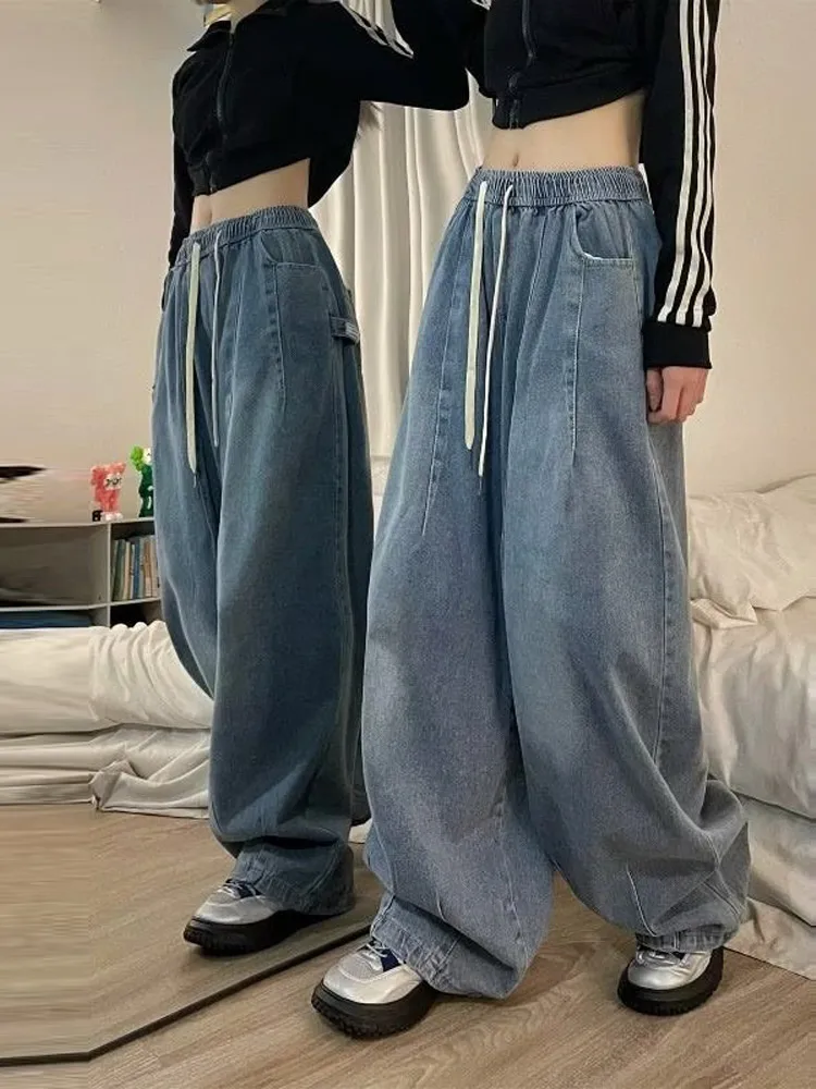 American Baggy Jeans Women Long Pant Wide Leg Hip Pop Clothes Vintage Drawstring Straight Casual Female Street Cargo Pants