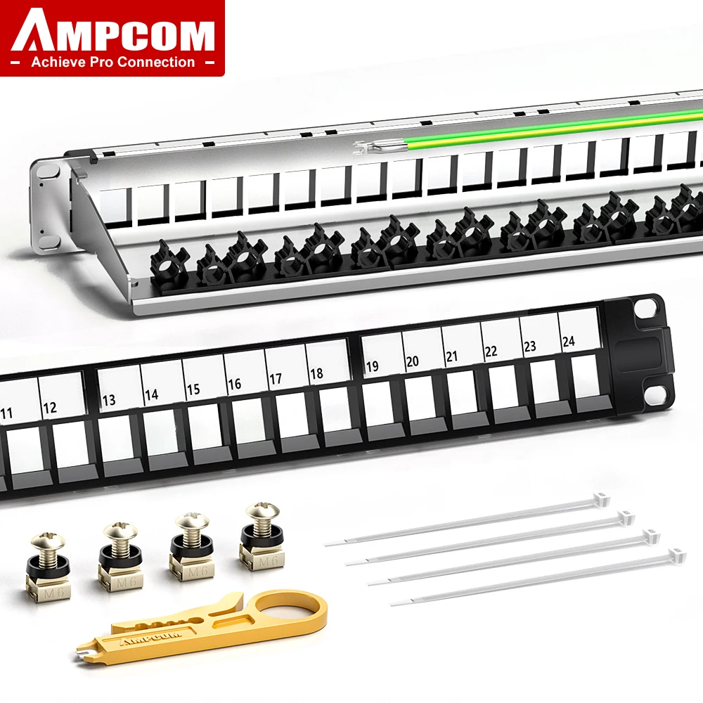 Painel de remendo keystone em branco AMPCOM 1U 24 portas, rack de 19 polegadas ou montagem na parede com painel de gerenciamento de cabos traseiros para cabo Ethernet