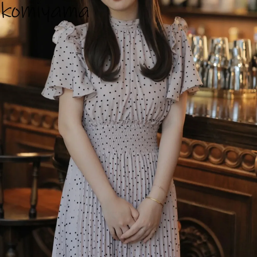

Summer Fungus Robe Dot Print Vestidos High Waist Pleated Woman 2025 Dress Stand Collar Short Sleeve Dresses Japan Ropa Mujer