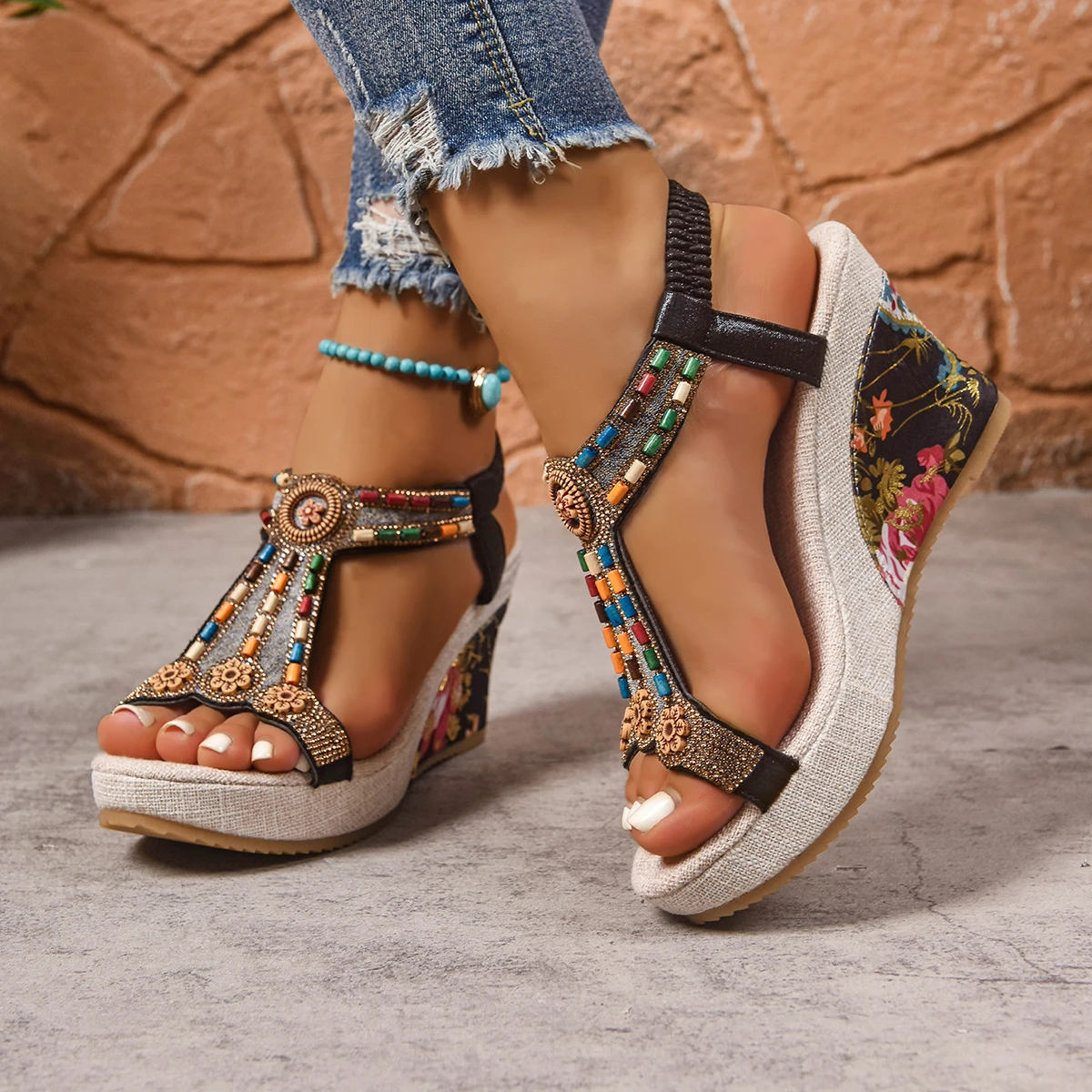 

Women Sandals Plus Size High Heels Shoes Summer Beach Bohemian Style Sandals Women Wedge Platform Vocation Shoes for Woman