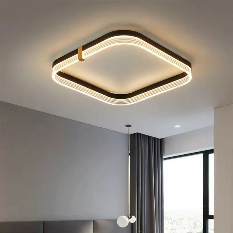 Moderne Minimalistische Slaapkamerverlichting Plafondlamp Led Warm Wit Dimmen Acryl Aluminium Zwarte Verf Woonkamer Vierkante Armatuur