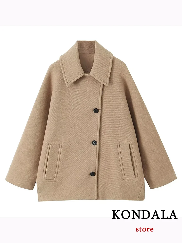 KONDALA Casual Women Jackets Solid Camel Pockets Long Sleeve Loose Coats Fashion 2023 Autumn Winter Oversized Jackets Outwears