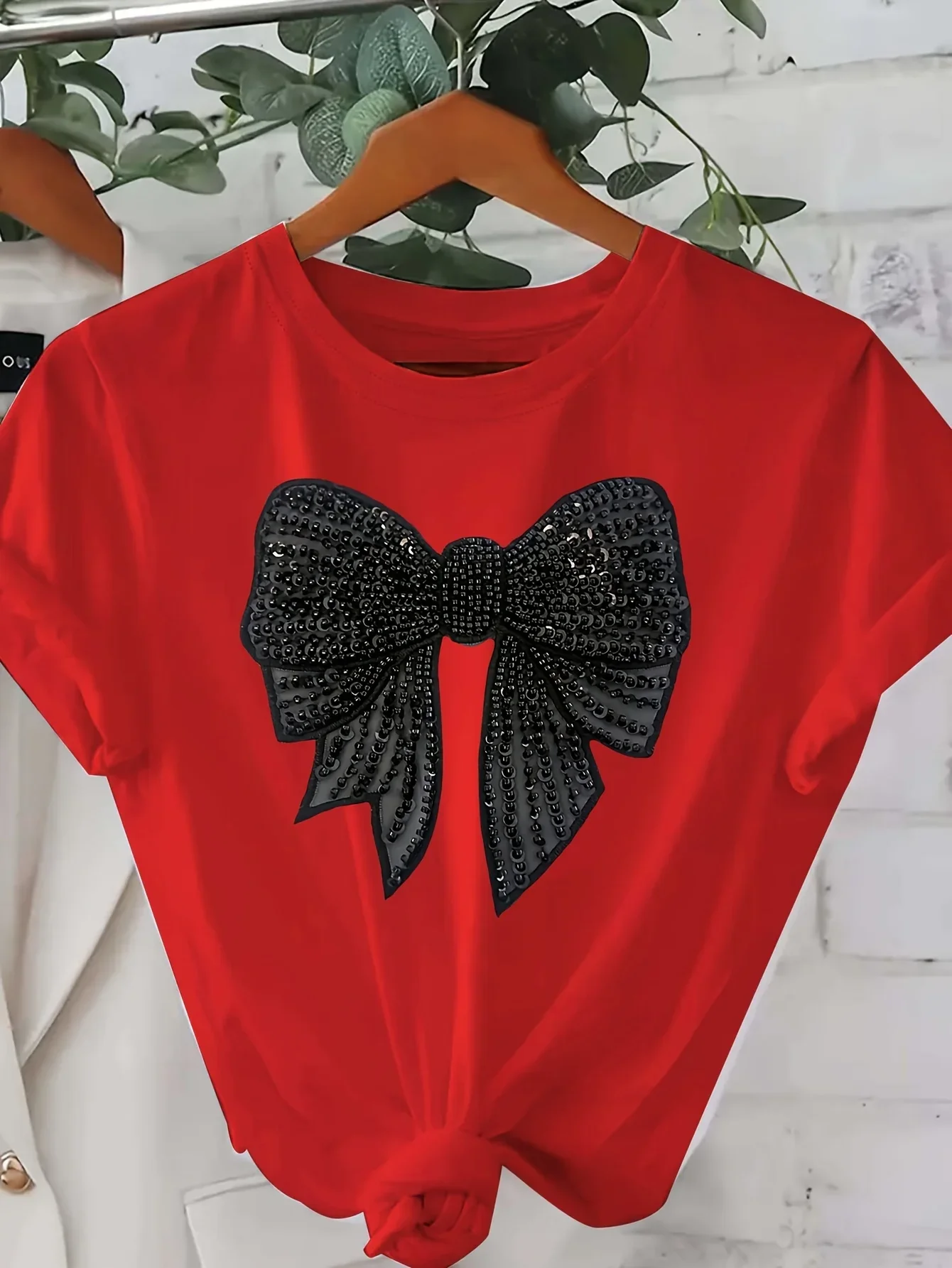 Sparkling Black Bow Print Women T-Shirt Short Sleeve Casual Crew Neck Rhinestone Detail Ideal for All Seasons Women Clothes